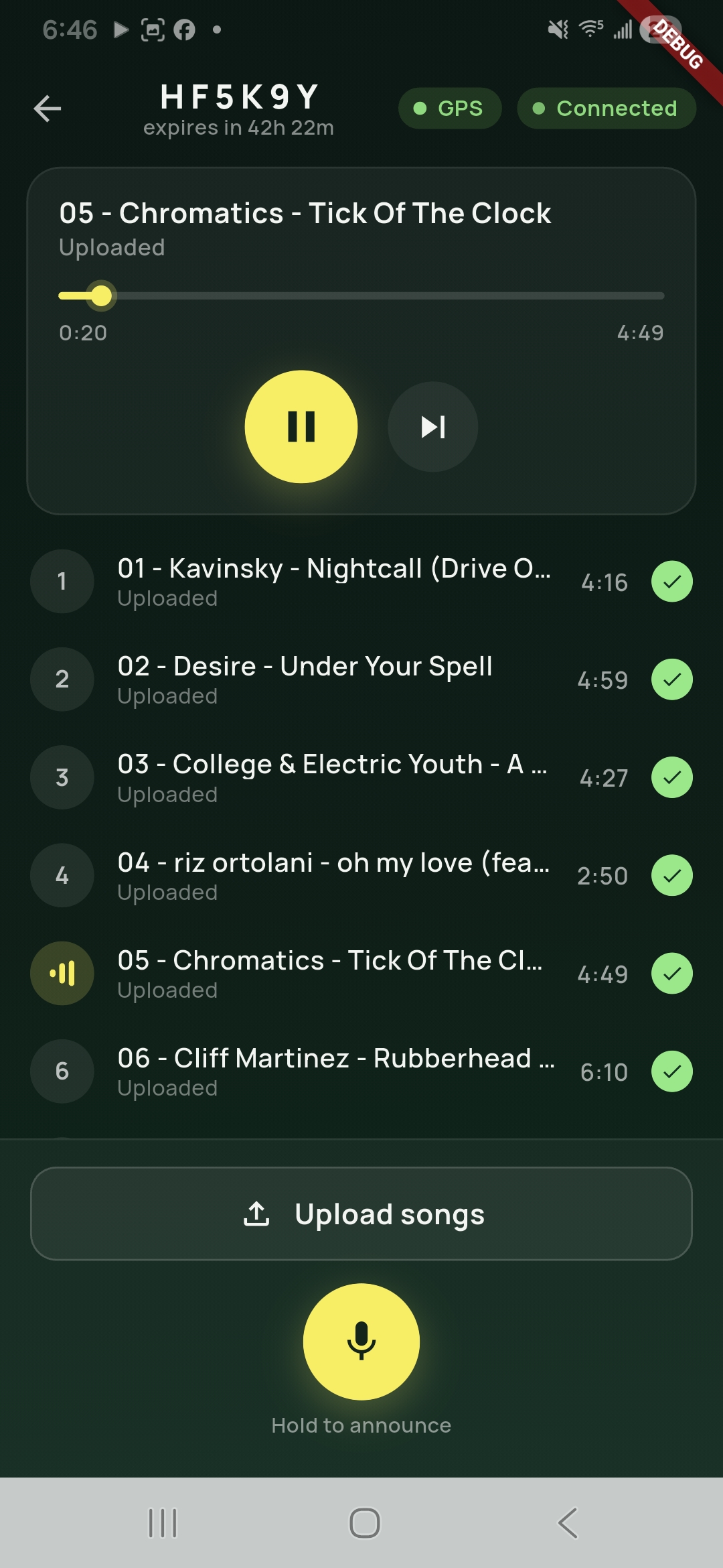 CycleSync dark player with tap-to-announce